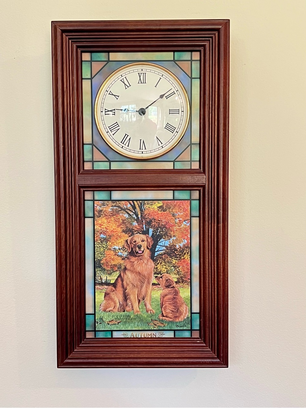 VTG Danbury Mint Golden Retriever Stained Glass Wall Clock Autumn Scene